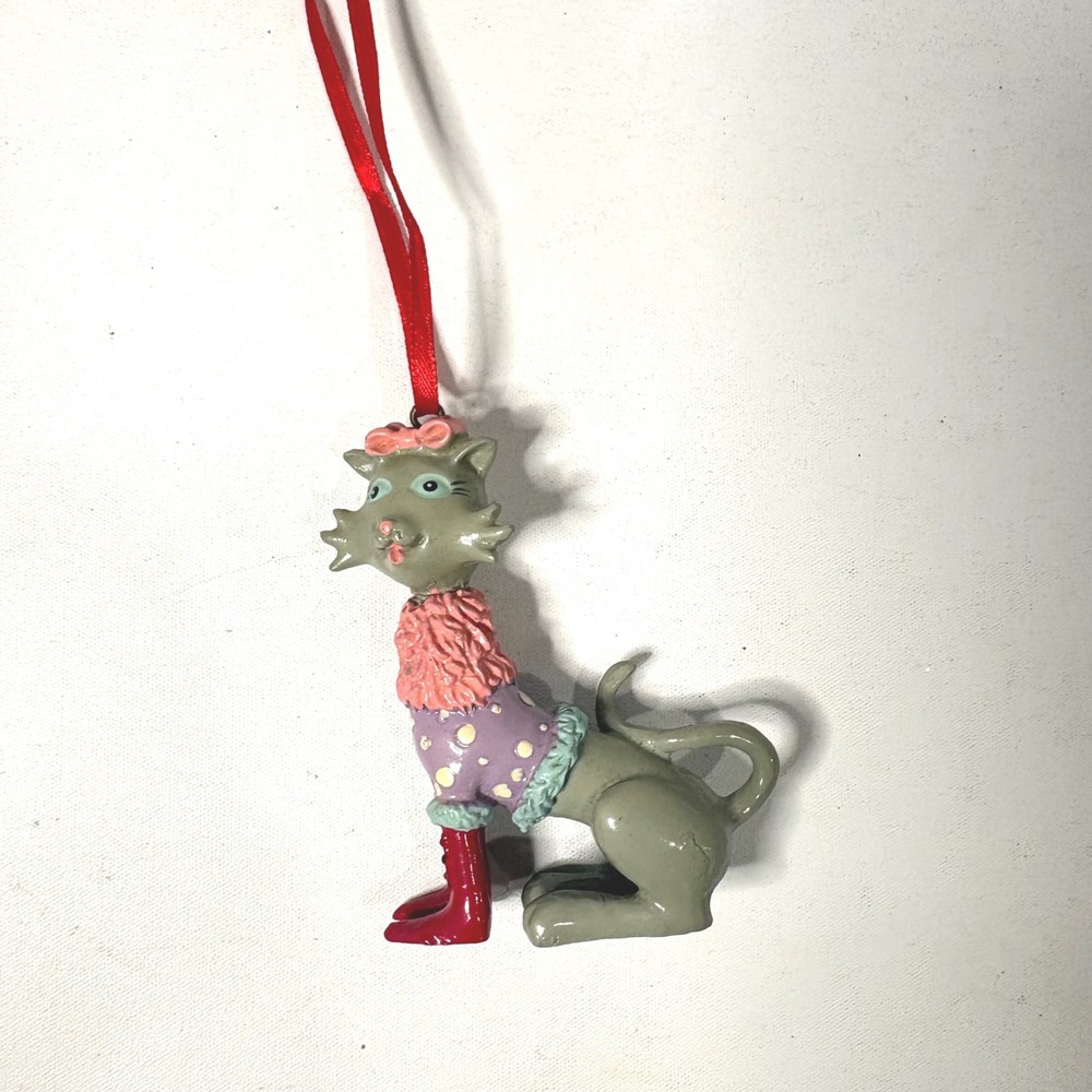 Whimsical Gray Cat Christmas Ornament Purple Polka Dot Sweater Red Boots Bow